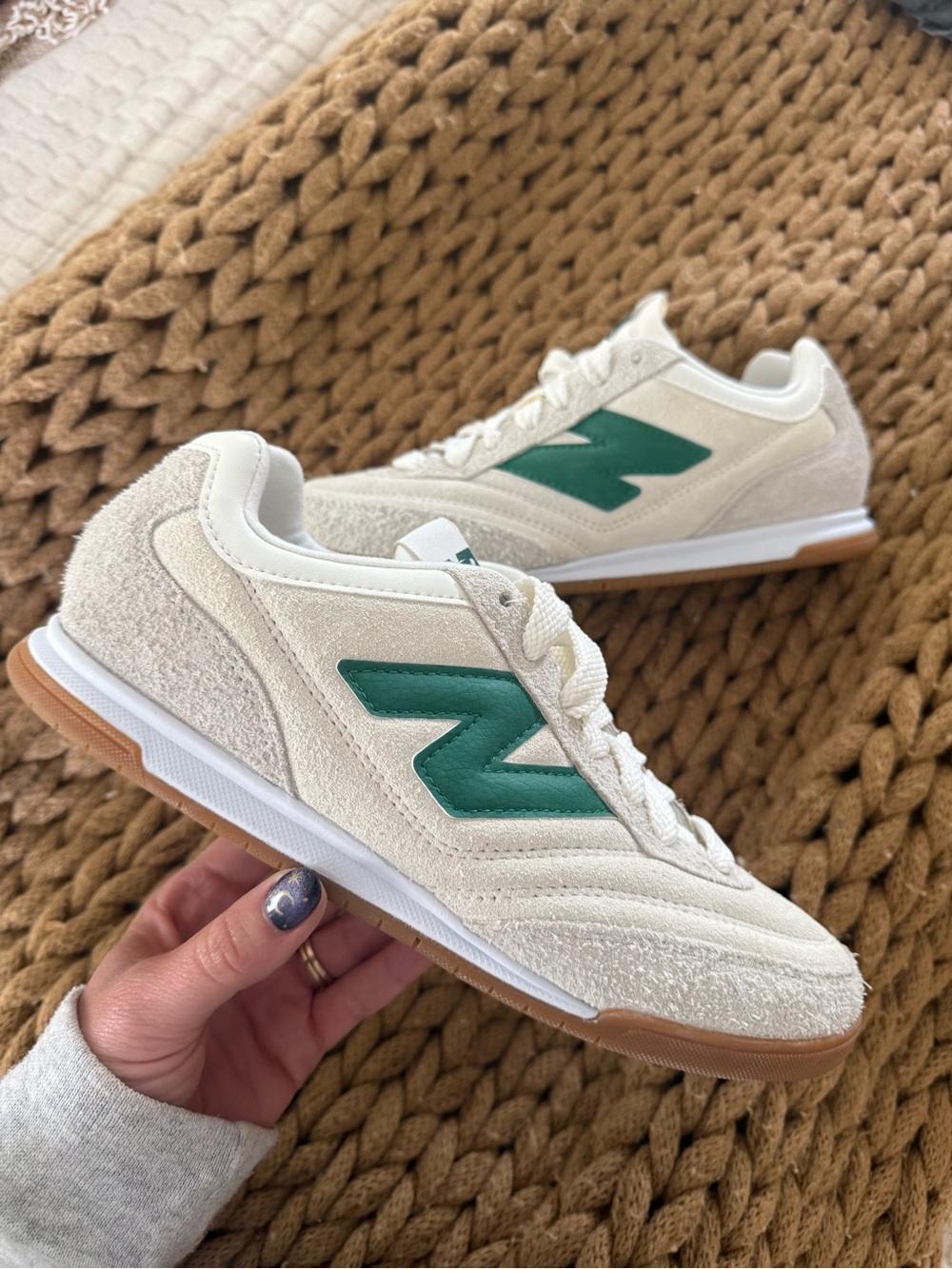 New Balance RC42 Cream Suede Sneakers with Green 'N' Accent size 6